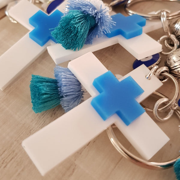 Blue keyring with cross and tassel