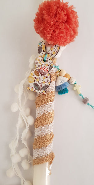 Brown and white lambada with pompom and bunny  - Easter collection