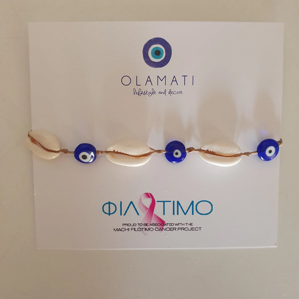 Filotimo Shell and mati bangle with Cancer ribbon