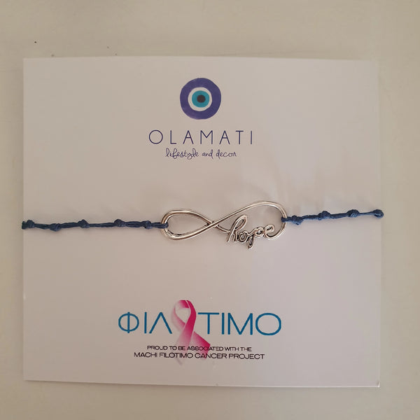Blue knot Filotimo Hope with Cancer ribbon at the back