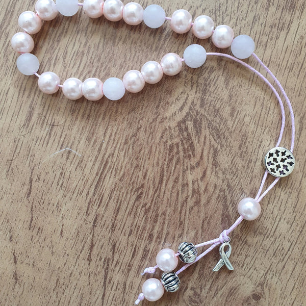 Filotimo Pink pearl bead komboloi with Cancer ribbon