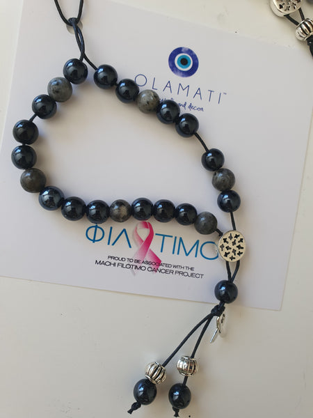 FIlotimo mens black stone komboloi with Cancer ribbon