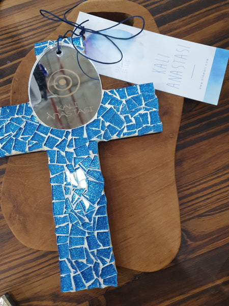 Blue mosaic small cross with silver Kali Anastasi Egg