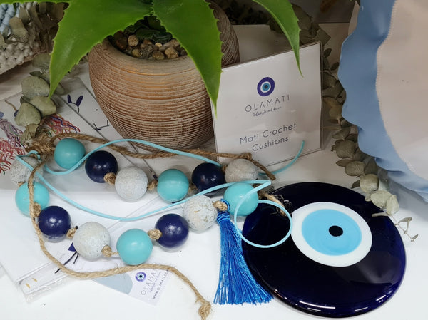 Large turquise and white mati wall hanging