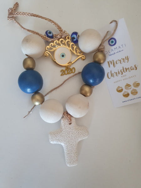 Blue and white beads with cross and eyelash mati Wall hanging