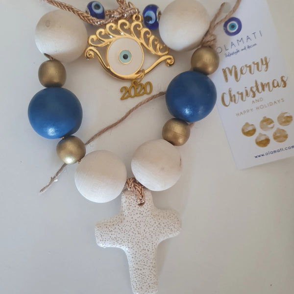 Blue and white beads with cross and eyelash mati Wall hanging