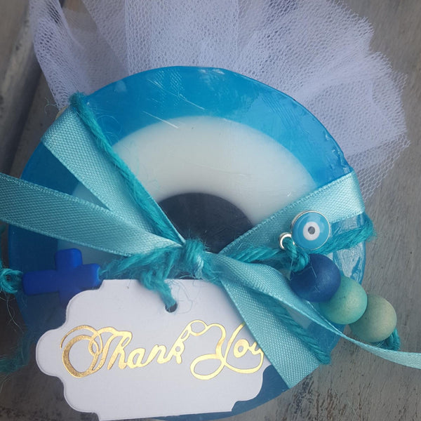 Santorini mati soap with blue cross, mati and beads