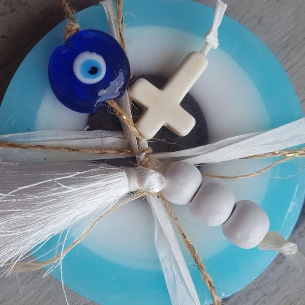 Mykonos baby bue mati soap with cross and mati and tassel with a touch of black
