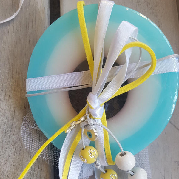 Mykonos baby blue mati soap with cross and mati with a touch of yellow