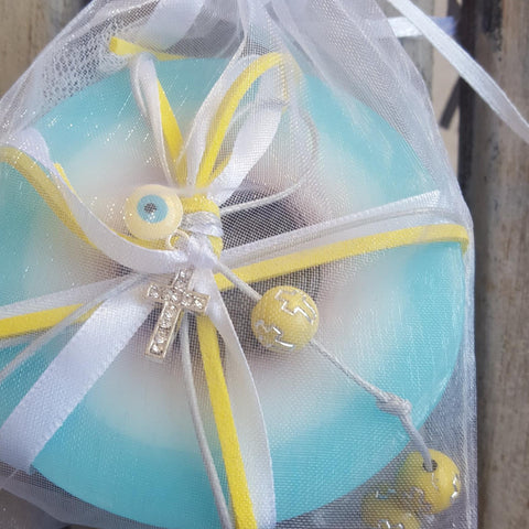 Mykonos baby blue mati soap with cross and mati with a touch of yellow