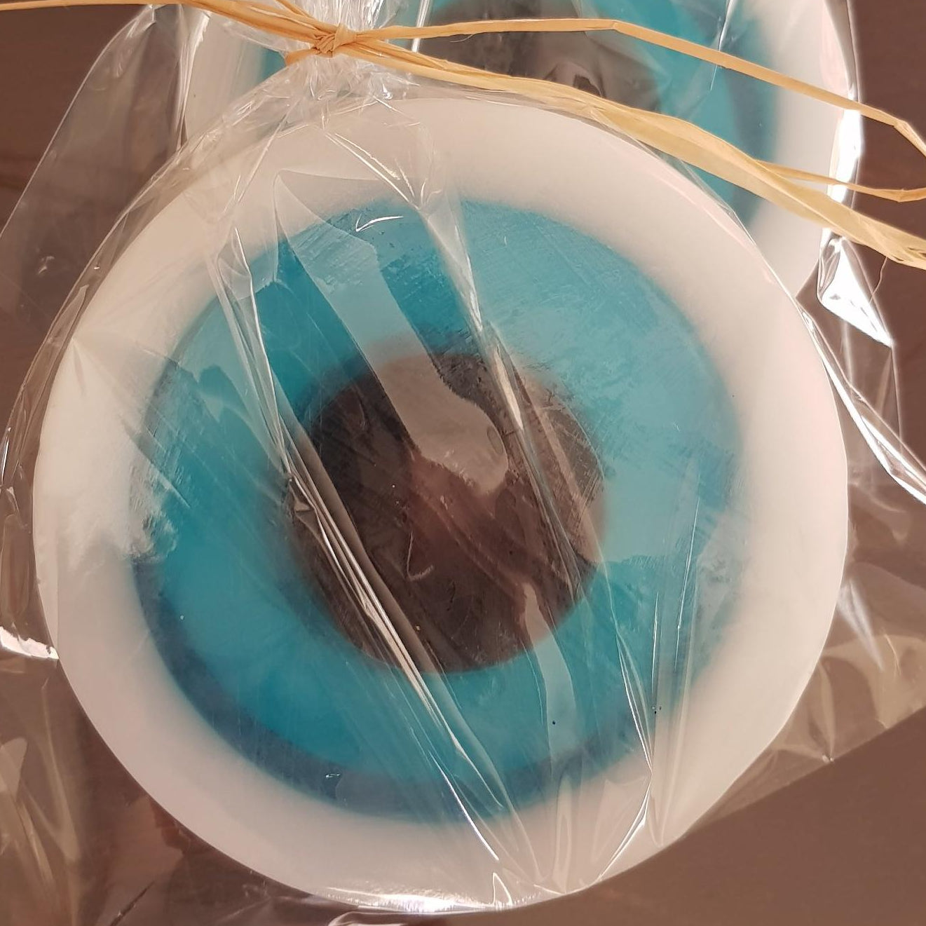 Santorini blue mati soap in cellophane