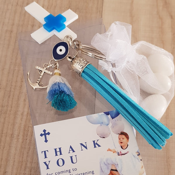Blue keyring with cross and tassel