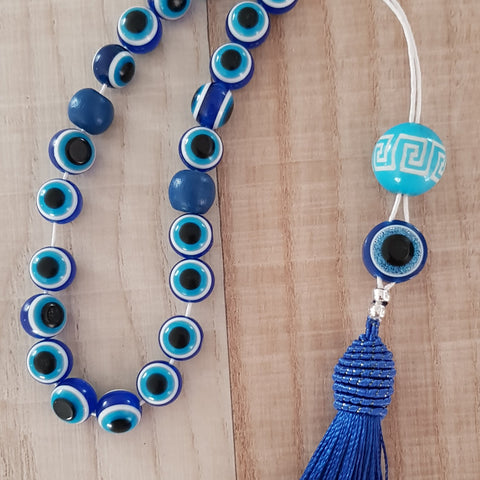 Blue evil eye stone komboloi with tassel