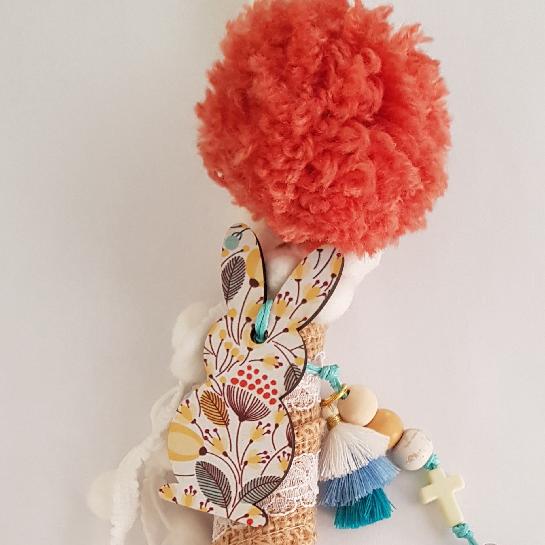Brown and white lambada with pompom and bunny  - Easter collection