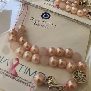 Filotimo Pink pearl bead komboloi with Cancer ribbon