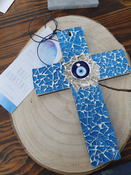 Blue mosaic small cross with mati