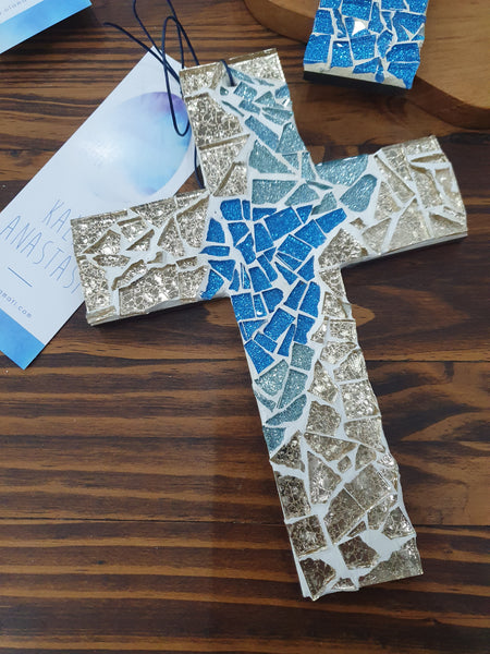 Blue and gold mosaic small cross