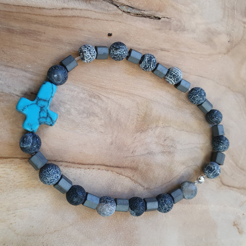 Mens blue stone cross and grey agate stone bracelet