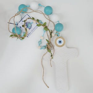 Turquoise blue and white 2022 ceramic cross wall hanging
