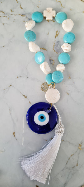 2022 blue and beige ceramic bead wall hanging