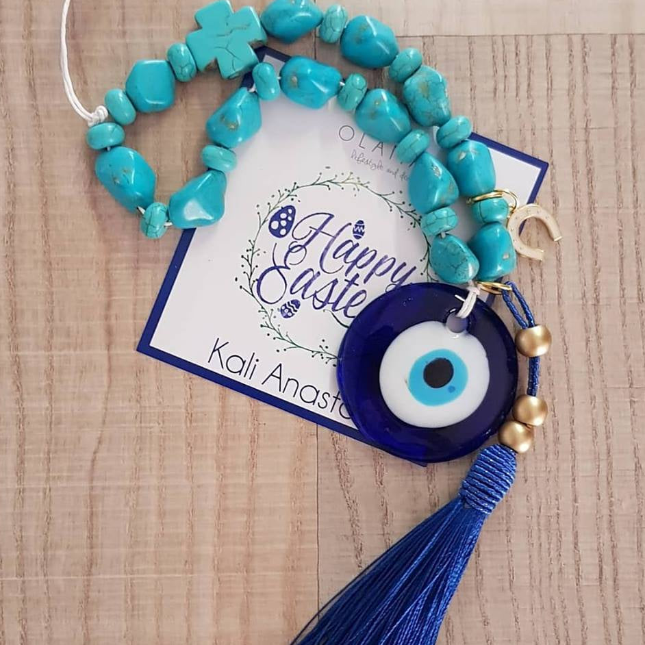 Blue mati wall hanging with navy tassel and horse shoe - Easter collection