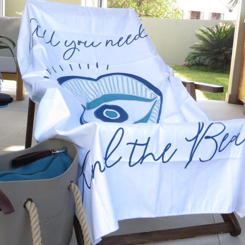 "All you need is love and the beach" White microfibre mati towel